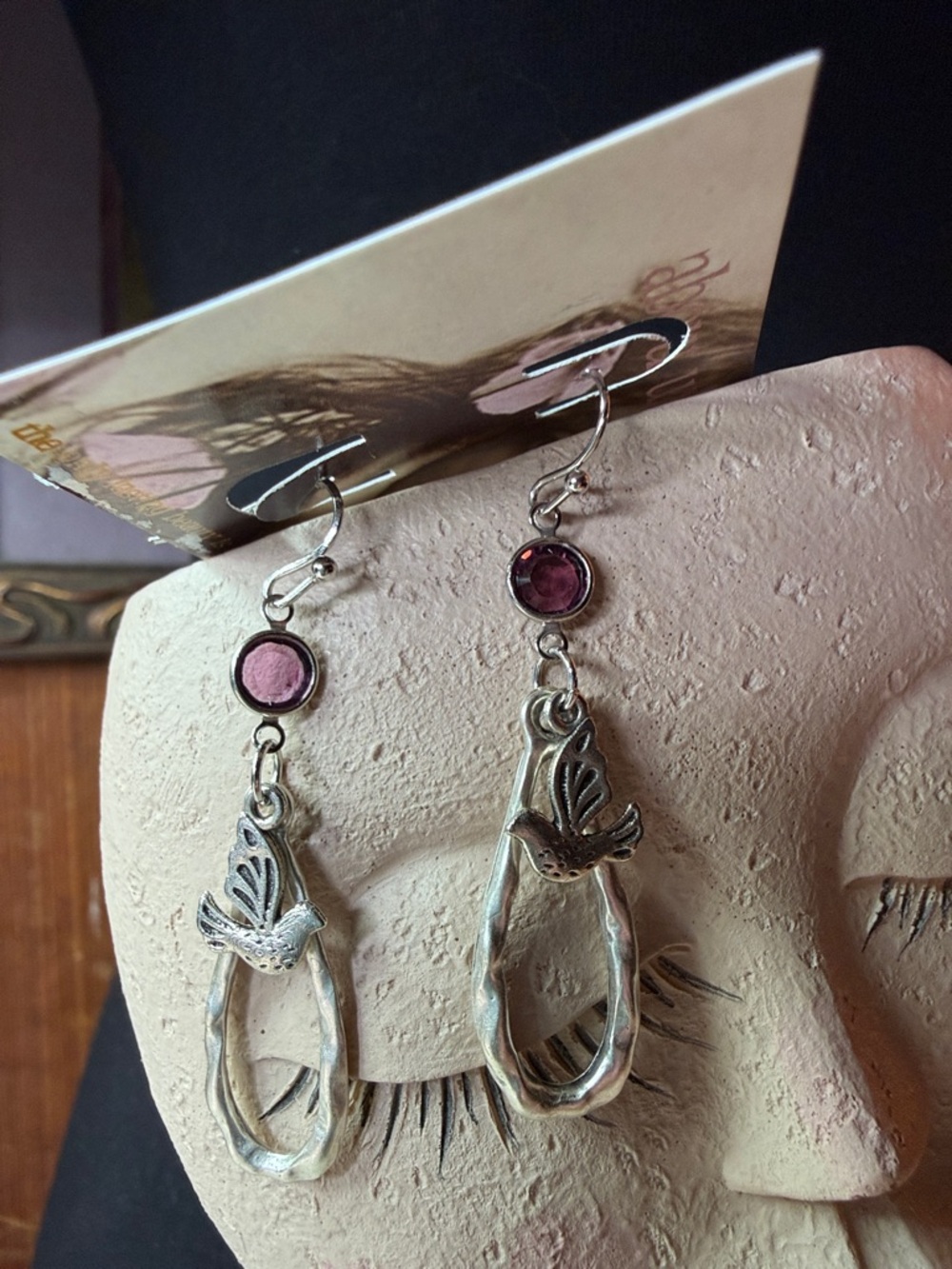 Silver Dove Drop Earrings with Pink Gem Accents